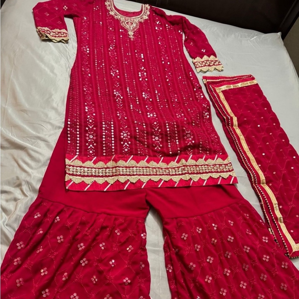 Red Embellished Women’s Dress with Gold Trim